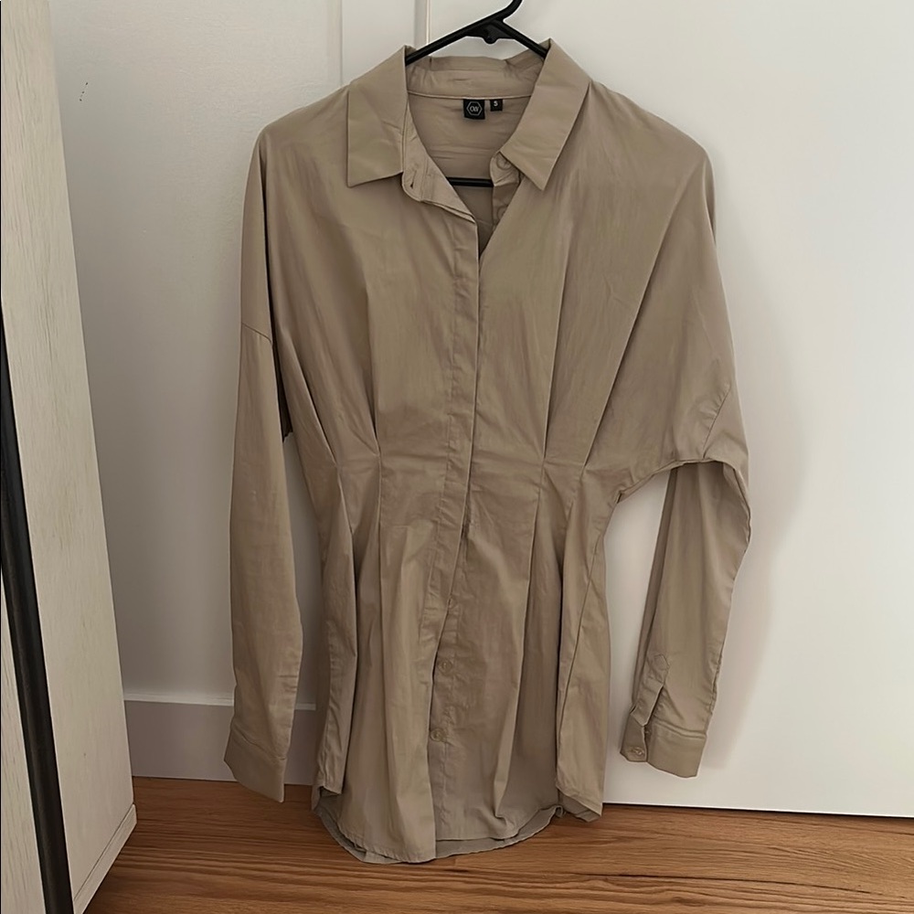 Beige Button-Up Shirt Dress